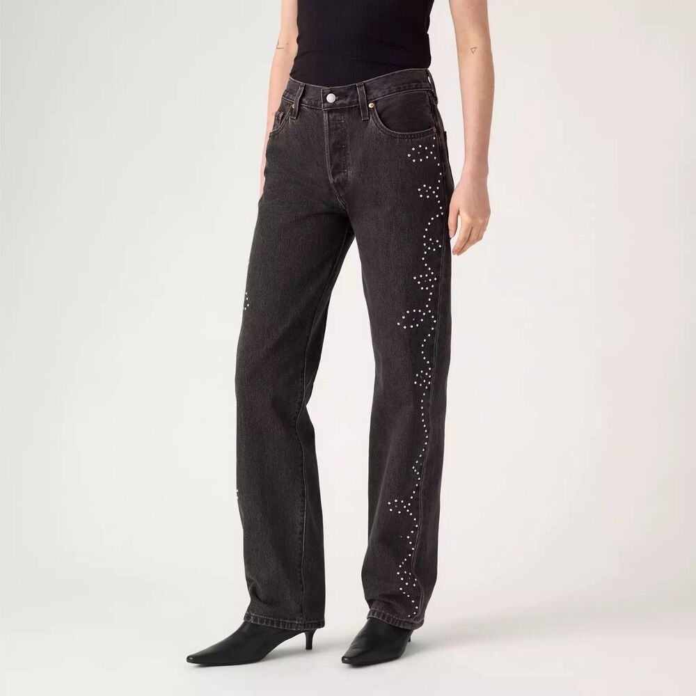 NWT $128 Levi's Premium 501 '90s Black Denim Studded Western Jeans Women 27x30